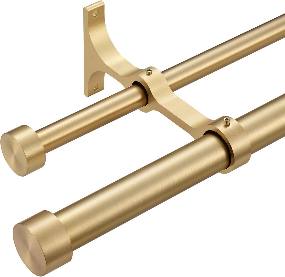 Double Curtain Rods with Aluminum End Cap and Full Surround Brackets,1"Front and 5/8" Back Rod,Adjustable between 72 to 144 Inches (6-12 Feet), Warm Gold Double Window Drapery Rod
