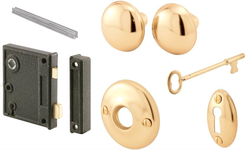 Prime-Line E 2437 Vertical Trim Vintage Lock Set  Cast Steel, Brass Plated Knobs, Antique Skeleton Key Lock System  2-1/2 Backset, Surface Mounted, Right-Hand Swing-In Interior Doors (Single Pack)