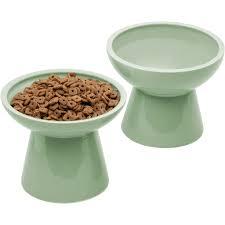 1pcs Ceramic Elevated Bowls, Extra Wide Raised Cat Bowls for Food and Water, Shallow Cat Food Dish Whisker Friendly, Anti Vomit, Microwave and Dishwasher Safe, Great Height (Green)