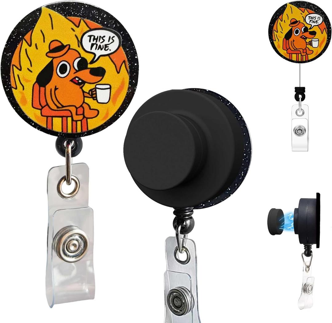 Magnetic Badge Holder with Strong Magnet Back, Dog on Fire Retractable Badge Reel, ID Card Clip for Nurses, Teachers, Office Professionals