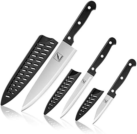 COKUMA Kitchen Knife, 3-Pcs Knife Set With Sheath, 8 Inch Chef Knife, 4.5 Inch Utility Knife, 4 Inch Paring Chef Knife, Stainless Steel, Black