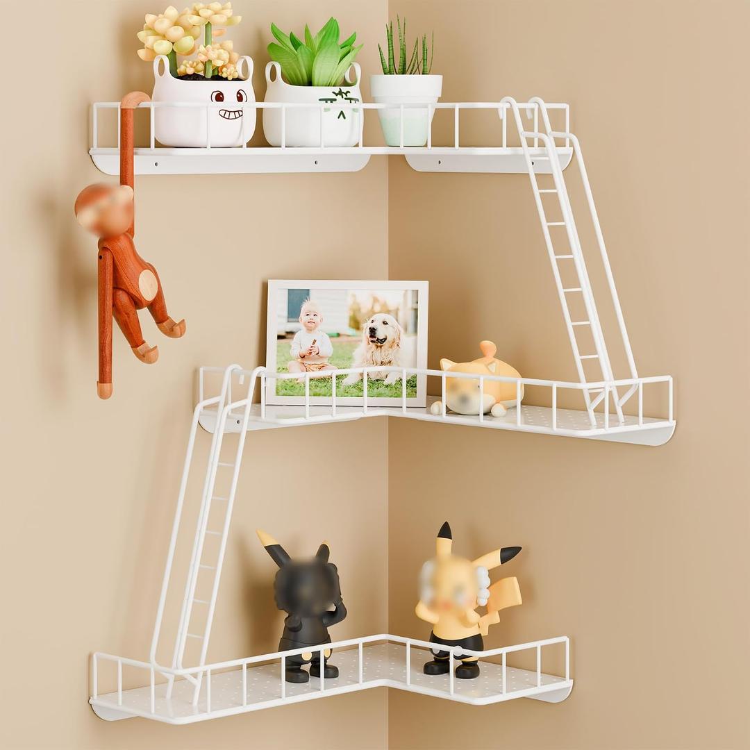Fire Escape Wall Shelf - Modern City Style 3-Tier Corner Wall Shelves, Easy to Install Metal Ladder Shelf for Figures, New York Decorative Shelves for Bathroom, Living Room & Home Decor,White