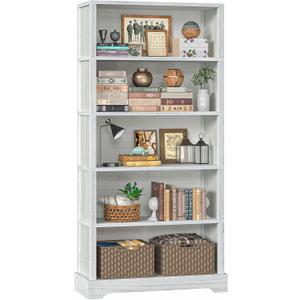 TVU 5-Tier Wooden Book Shelf, 65" Tall Bookshelf with Storage, Floor-Standing Display Bookcase, Farmhouse Style Bookshelf with Arched Base, Suitable for Living Room, Study, Office, Antique White