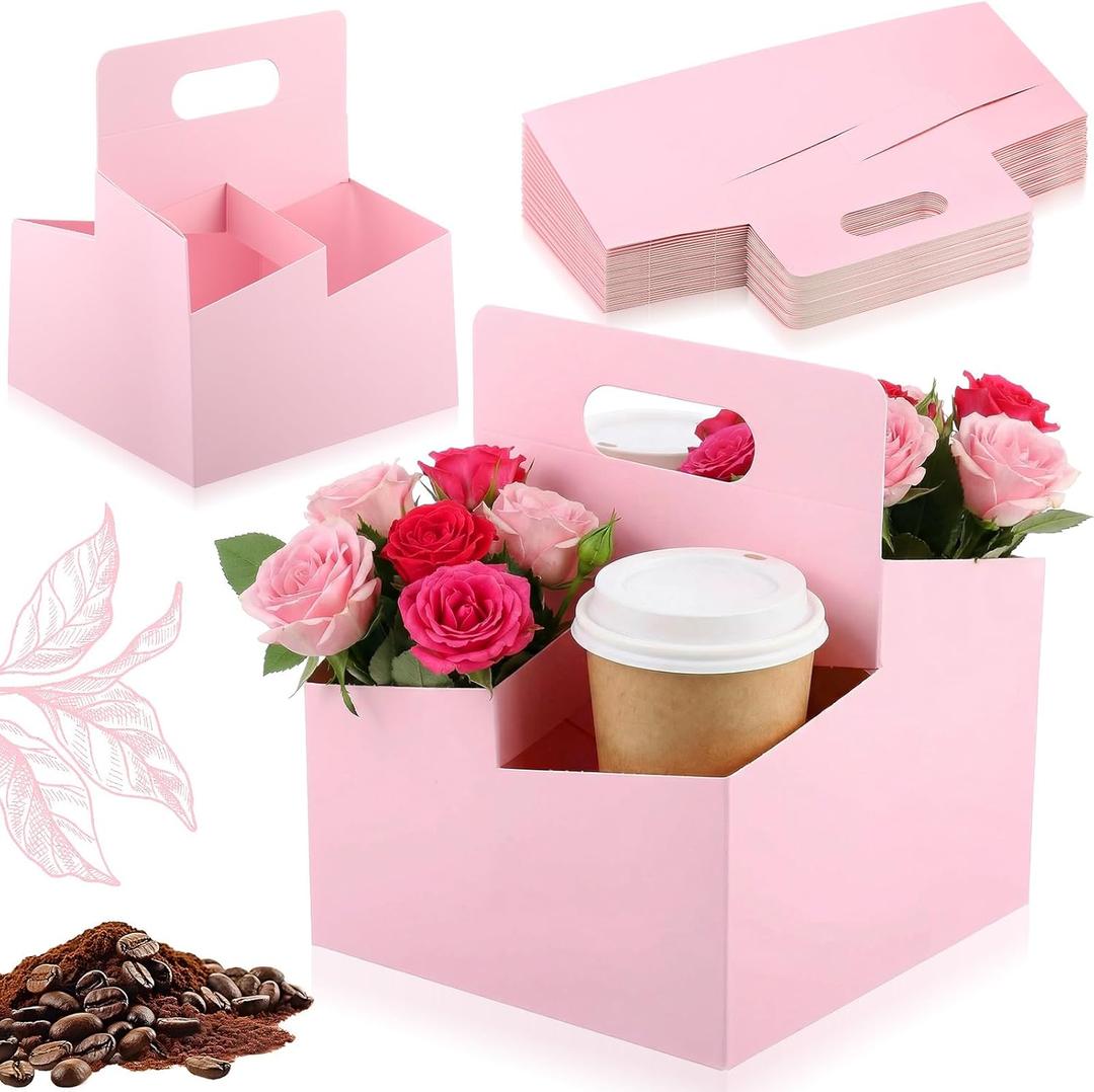 Jetec 50 Pcs 4 Cup Pink Drink Carrier with Handle, Kraft Paperboard Disposable Cup Holder, Food Delivery Accessories for Mother's Day Hot/cold Drinks, to Go Coffee Drink Holder for Flower Gifts