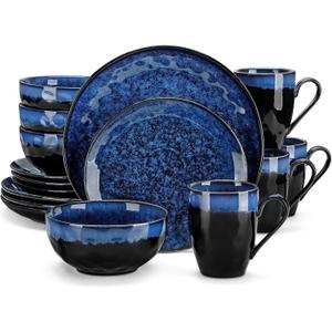 vancasso Starry 16-Pieces Dinnerware Set for 4, Reactive Glaze Blue Stoneware Plates and Bowls Set, Dishes Set with Mugs for 4, Microwave & Dishwasher Safe