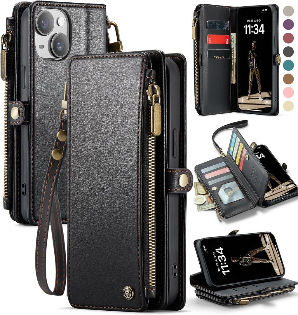 Defencase Compatible with iPhone 14 Plus Case Wallet with RFID Blocking Card Holder for Women Men, Soft PU Leather Magnetic Snap Flip Zipper Strap Wallet Phone Case Fit for iPhone 14 Plus 6.7", Black