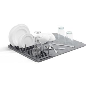 Umbra Udry Dish Rack with Movable Pegs and Microfiber Drying Mat Space-Saving Design Folds Up for Easy Storage, Basic Rack, Dark Grey