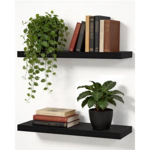 Solid Wood Floating Shelves for Wall 16 Inch Floating Shelf for Kitchen, Bedroom, Living Room, Bathroom - Mounted Bathroom Shelves with Invisible Brackets (Black, 2 Pack), 15.7 x 5.9 x 1 inches