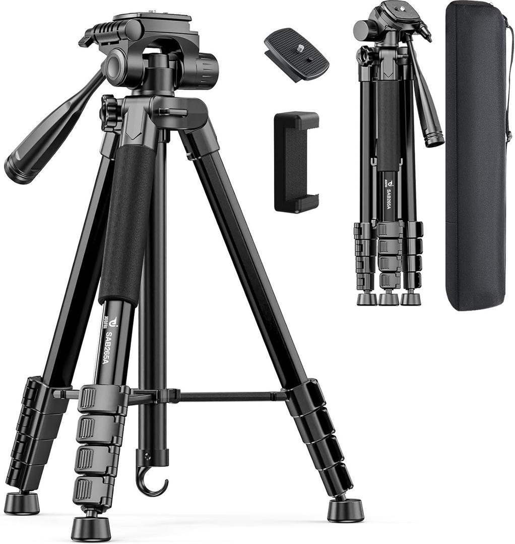 73" Camera Tripod Stand, Aluminum Tripod with Phone Holder, Travel Bag, Compatible with GoPro/DSLR/Cell Phone/Camcorder, Max Load 8.8LB (Black)