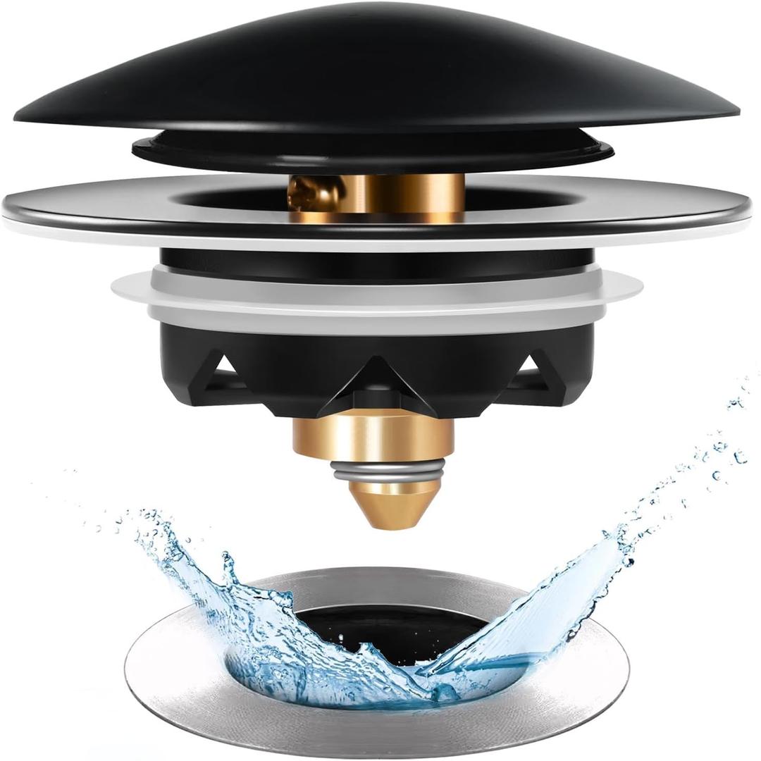 Bathtub Drain Stopper, Pop Up Tub Drain Stopper Plug and Cover, Universal for 1.45 to 1.8in Drain Hole,Replaces Lift & Turn, Tip-Toe or Trip, All Brass Matte Nickel Process, Black