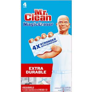 Mr. Clean Magic Eraser Sponge, All Purpose Cleaner, Cleaning Scrubber, Wall Cleaner, Sneaker Cleaner, Kitchen, Bathroom, Shower Cleaning Supplies, Melamine Sponge, Cleaning Pads, Extra Durable, 4ct (4 Count (Pack of 1))