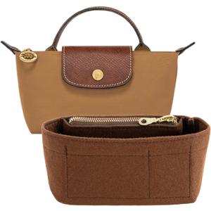 Mini Purse Organizer Insert for Longchamp Le Pliage Small Tote – Felt Inner Bag Liner with Zipper Pocket, Lightweight Storage for Mini Handbags, Brown