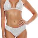 Women Sexy Sequin Bikini Set Glitter Bathing Suit Sexy Push Up Swimsuit Beachwear (Small, White)