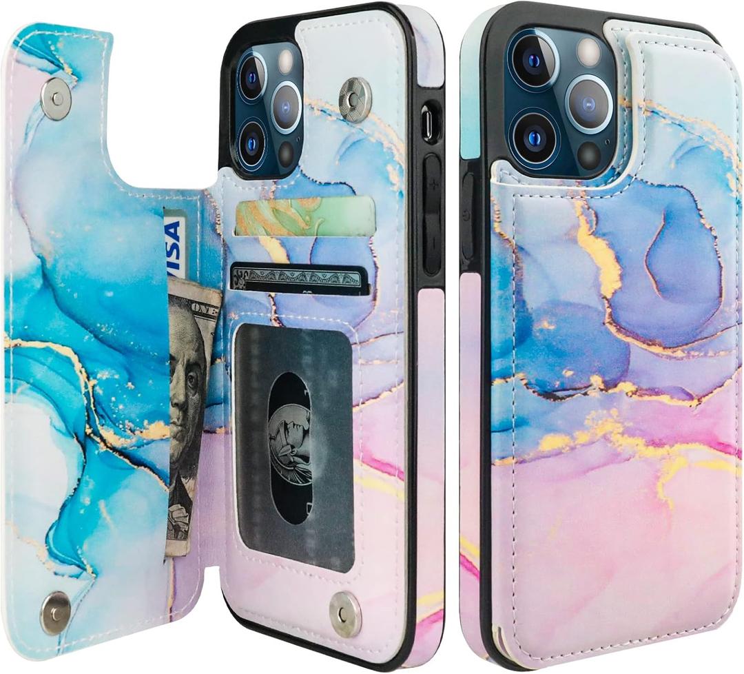 HAOPINSH for iPhone 12/12 Pro Wallet Case with Card Holder, Pink Blue Marble Pattern Back Flip Case PU Leather Kickstand Card Slots Case for Women Girls, Double Magnetic Clasp Cover 6.1" Pink Blue Marble