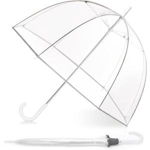 52 inch Clear Bubble Umbrella, Large Canopy Transparent Dome Coverage Stick Umbrella with Reflective Strip, Wedding Style European J Hook Handle Outdoor Umbrella for Women Adult (White Handle)
