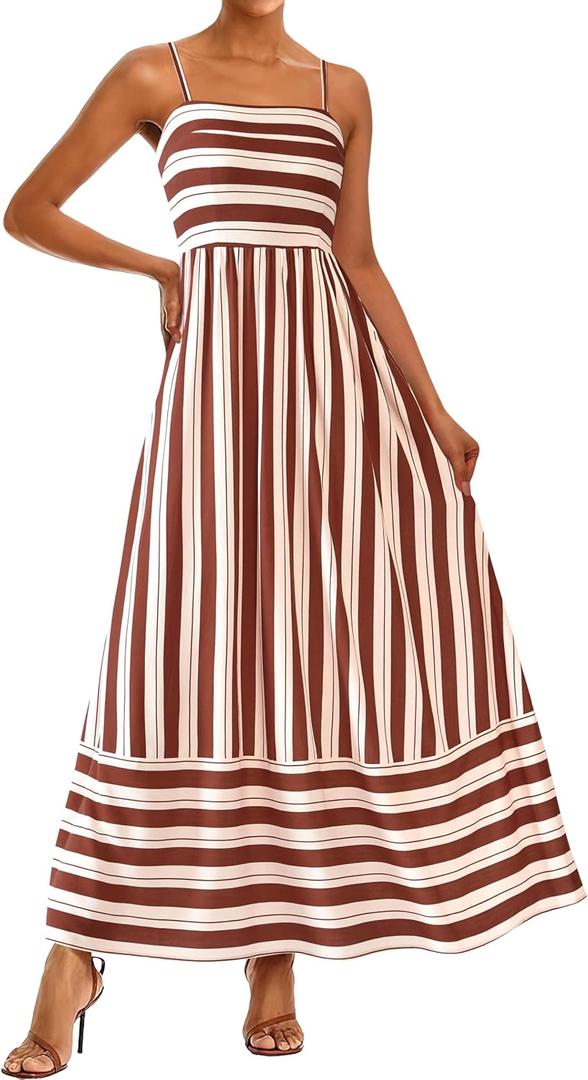 PRETTYGARDEN Womens Boho Floral Striped Summer Maxi Dresses Spaghetti Strap, Striped White Red Brown (M)