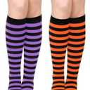Sarfel Womens Halloween Socks Woman Halloween Knee High Socks Striped Knee High Sock for Women Purple and Black Striped Sock 2 Pairs