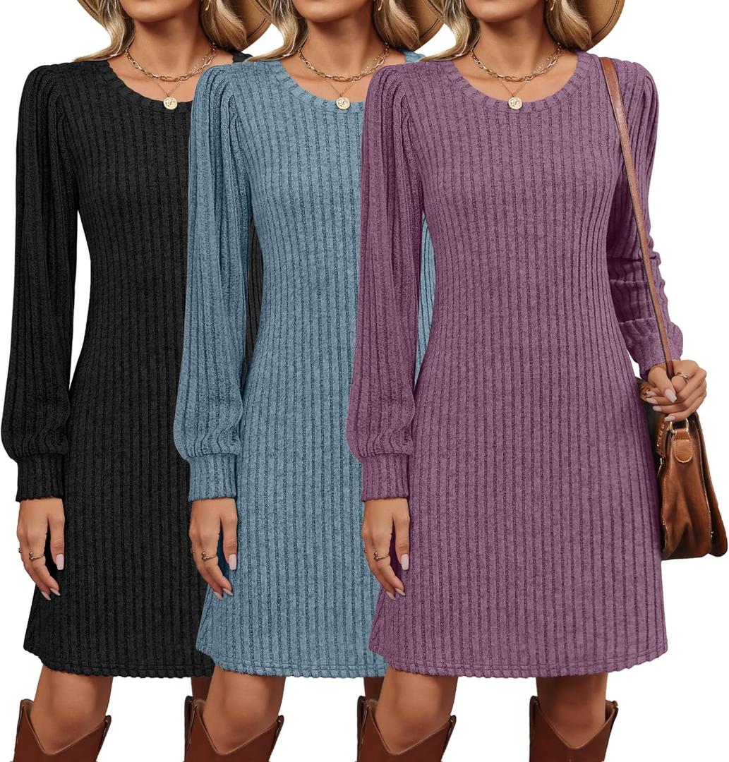 3 Pack Women's Long Sleeve Sweater Dress Ribbed Knit Crew Neck Tunic Dresses 2025 Fall Casual Trendy Outfits (Medium, Fuchsia, Blue, Black)