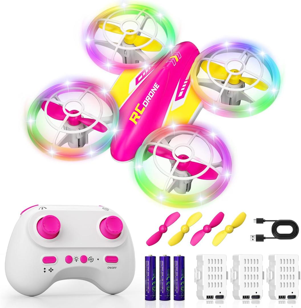 LED RC Drone for Kids 6+, Christmas Birthday Gift for Boys & Girls with Remote Batteries, 360° Flip, High Speed Mode, 45 Min Flight Indoor and Outdoor Flying Toy - RoseRed Yellow