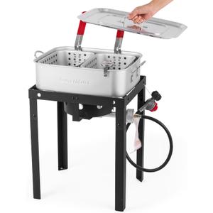 58,000 BTU Outdoor Fish Fryer with Baskets and Lid, 18 Qt. Propane Deep Fryer and 2 Inner Baskets, Ideal for Frying Fish, Chicken Wings, French Fries