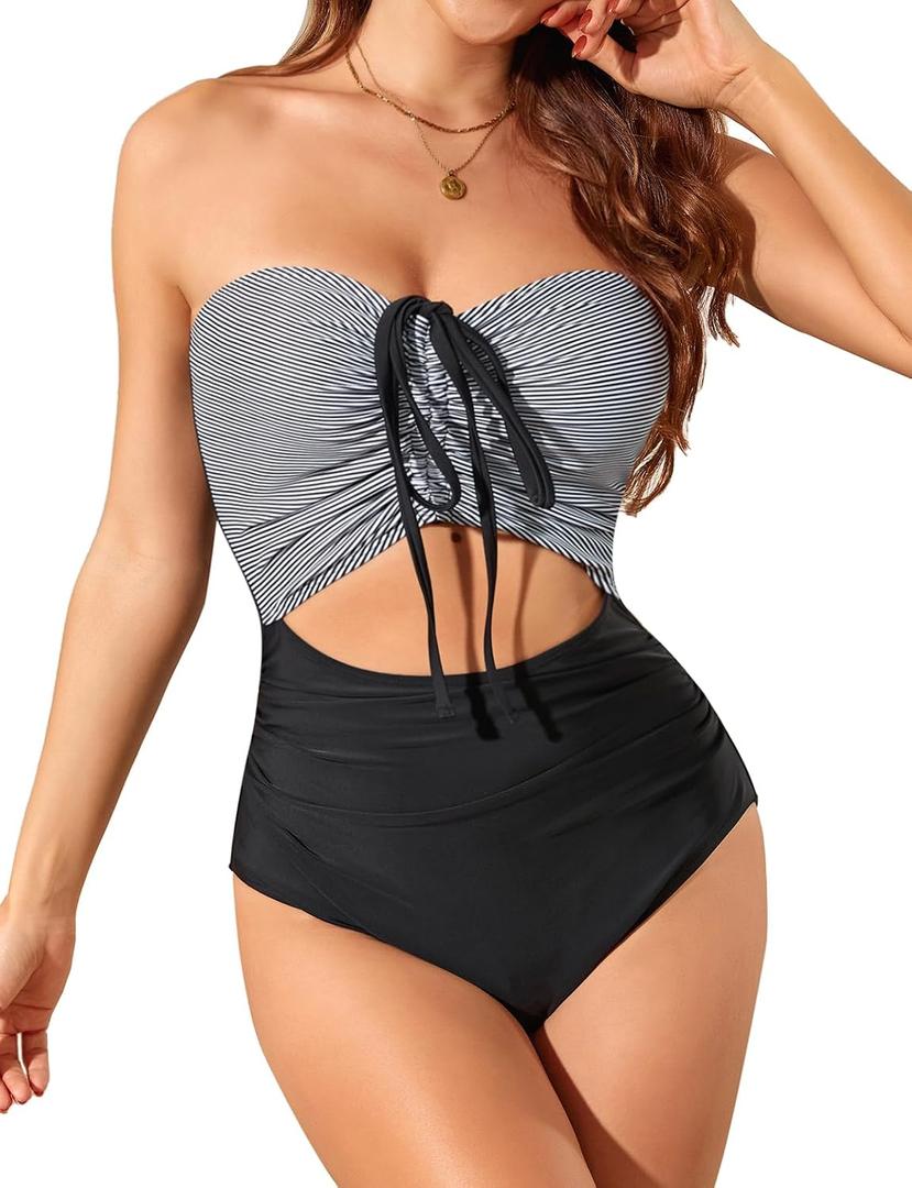 Smismivo Strapless Tummy Control Swimsuit for Women Bandeau or Halter Cutout One Piece Bathing Suits Color Block Sexy 2025 (M)