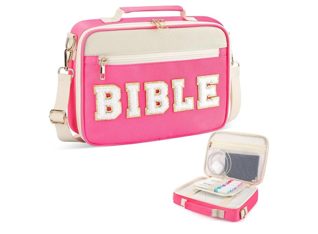 Bible Cover Case for Women Grils, Preppy Bible Bag with Adjustable Shoulder Strap, Waterproof Bible Carrying Tote Bags Holder for Bible Study Supplies Accessories & Christian Gifts (Rose Red)
