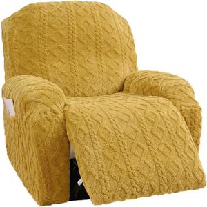 4 Pieces Large Recliner Chair Covers, Geometric Jacquard Plush Recliner Slipcovers, Couch Sofa Covers, Soft Fuzzy Fluffy Anti-Slip Furniture Protector for Cats Dogs Elastic Bottom (Yellow,1 Seat)