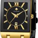 WWOOR Square Watches for Men Stainless Steel Mens Square Watch with Date Original Waterproof Analog Quartz Fashion Business Casual Wristwatch (36C-Black Gold)