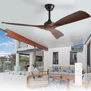 Depuley Ceiling Fan Without Light: 52 Inch 3 Blade Outdoor Fans for Patios - Walnut Ceiling Fan No Light Indoor Remote Control Ultra Quiet DC Motor Reversible 6 Speed Timer