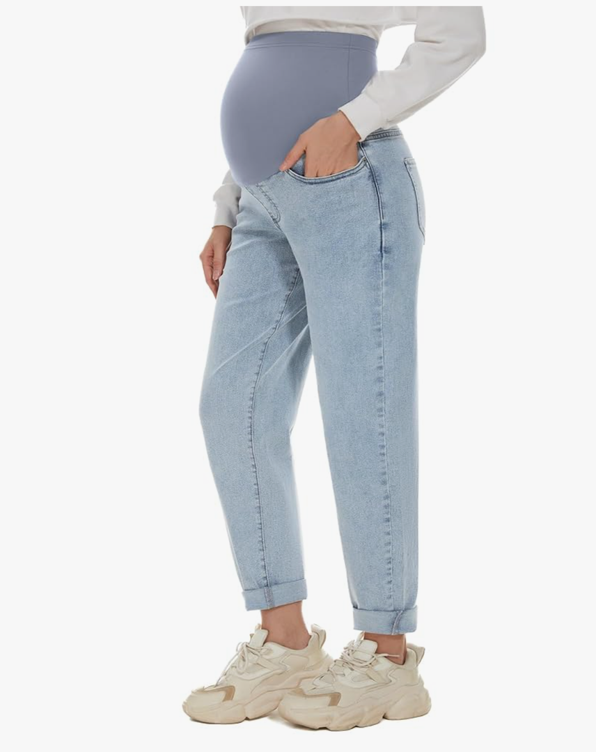 POSHGLAM Women's Maternity Jeans Over Belly Comfy Stretch Boyfriend Jeans Loose Pregnancy Pants, No Size