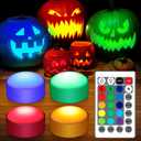 4 Pieces Halloween LED Pumpkin Lights with Remote 16 Multi Colors Timer Colored Puck Light Battery Operated Flameless LED Jack O Lantern Lights for Home Outdoor Decorations (White)