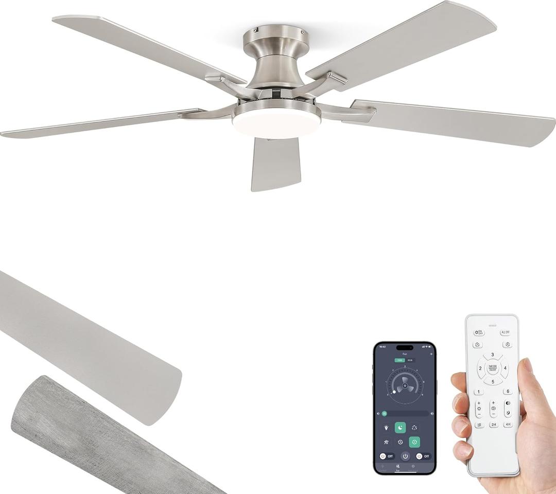 ZMISHIBO 52 Inch Ceiling Fan with Light, App&Remote Control, Flush Mount Low Profile, Dimmable 20W LED Light, Quiet Reversible Motor for Bedroom, Living Room, Apartment, Nickel