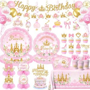 196Pcs Princess Birthday Party Decorations Serves 24,Pink Princess Birthday Themed Tableware Includes Scalloped Plates,Napkins,Tablecloth,Banner,Balloon,Cake Topper for Girls Princess Party Supplies