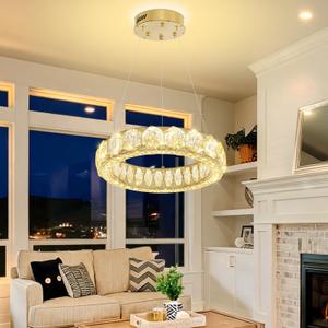 16" Gold Crystal Ring Chandelier Adjustable Height Pendant Light