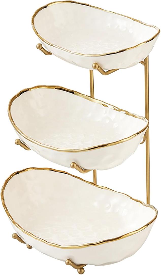 White Fruit Bowl with Gold Metal Stand, 3 Tier Modern Ceramic Fruit Bowl Fruit Rack for Kitchen Counter, Tiered Fruit Basket for Snacks Bread Candy Storage (White,3 Tier)