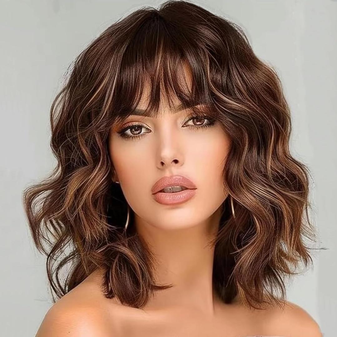 Short Wavy Wig with Bangs Light Brown Wig for Women Shoulder Length Bob Wig Women's Wigs Synthetic Heat Resistant Fiber Wigs for Daily Party Use (14 Inches)
