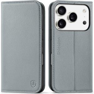 SHIELDON Genuine Leather Wallet Case for iPhone 17 Pro 6.3-inch 2025 | Folio Magnetic | RFID Blocking Credit Card Holder | Kickstand | TPU Shockproof Phone Cover for Men Women | Gray