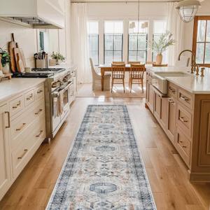 Washable Kitchen Runner Rug - 2x10 Hallway Rug Distressed Mats Non-Slip Soft Room Floor Carpet for Dining Room (Grey/Blue, 2 x 10)