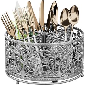 360 Rotating Utensil Caddy - Silverware Cutlery Caddy Holder with 4 Compartment, Metal Flatware Organizer Countertop with Handle for Party Camping Picnic, Kitchen Counter, Office (Silver)