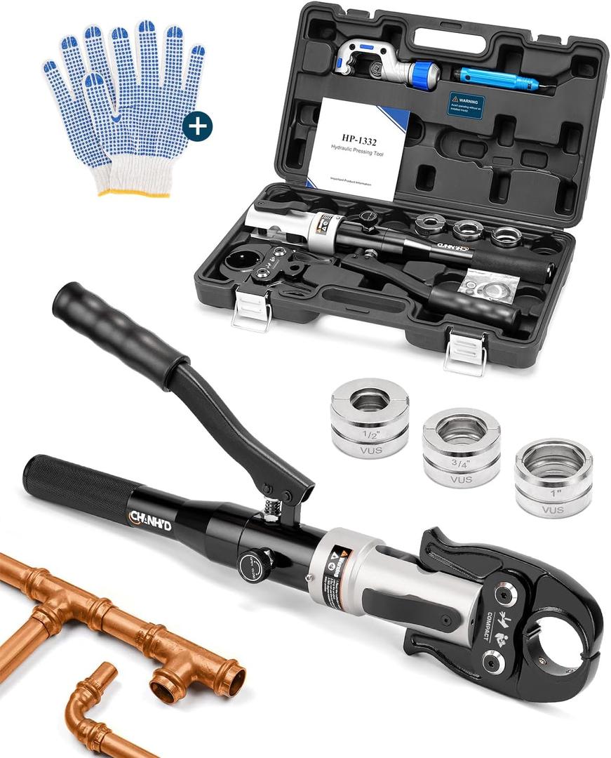 CHANHYD Hydraulic Copper Tube Fittings 1/ 2, 3/ 4, 1" Press Crimping Tool Kit Pex Pipe Crimper Pressing Pliers Stainless PEX Press Sleeves for Narrow Space Tee Copper Pipe