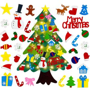 3.2Ft DIY Felt Christmas Tree Set for Kids Toddlers, 32 Hanging Ornaments Felt Christmas Tree with Light Wall Craft Kits for Xmas Party Office Decoration, New Year Door Wall Decorations