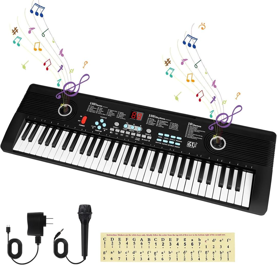 61 key keyboard Piano,Portable Electronic Digital Piano,Built In Dual Speakers,External Microphone,Power Plug,Rich Teaching Content,Multi-Functional Electronic Piano Suitable For Beginners (Black)