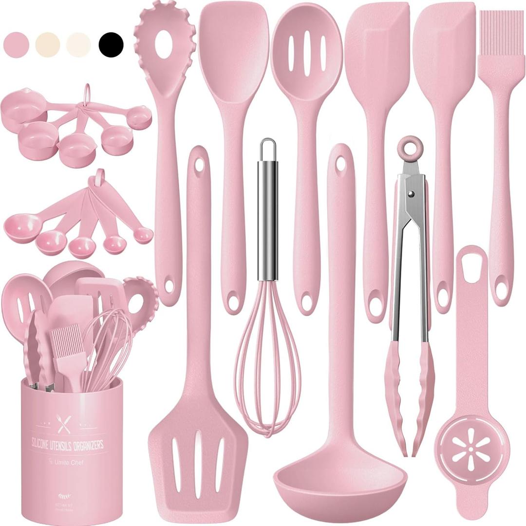 Umite Chef 22-Piece Silicone Cooking Utensils Set, Heat Resistant & Dishwasher Safe Kitchen Tools, Non-Scratch Spatula Set for Nonstick Cookware (Pink)