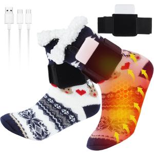 Rechargeable Heated Socks for Women Men, Christmas Socks Electric Heated Fuzzy Slipper Socks Women Winter Heating Socks Foot Warmer for Home Office Cold Feet Plantar Fasciitis Achilles Tendinitis
