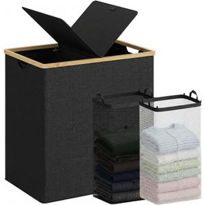 efluky Laundry Hamper with Lid, Double Laundry Hamper with 2 Removable Bags, 2 Section Laundry Basket with Bamboo Handles for Bathroom, Bedroom & Laundry Room, 140L (36.9 Gallon) Black