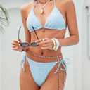 MakeMeChic Women's Two Piece Bikini Sets Floral Tie Backless Halter Tops and Triangle Ruched Swimsuit (Blue, M)