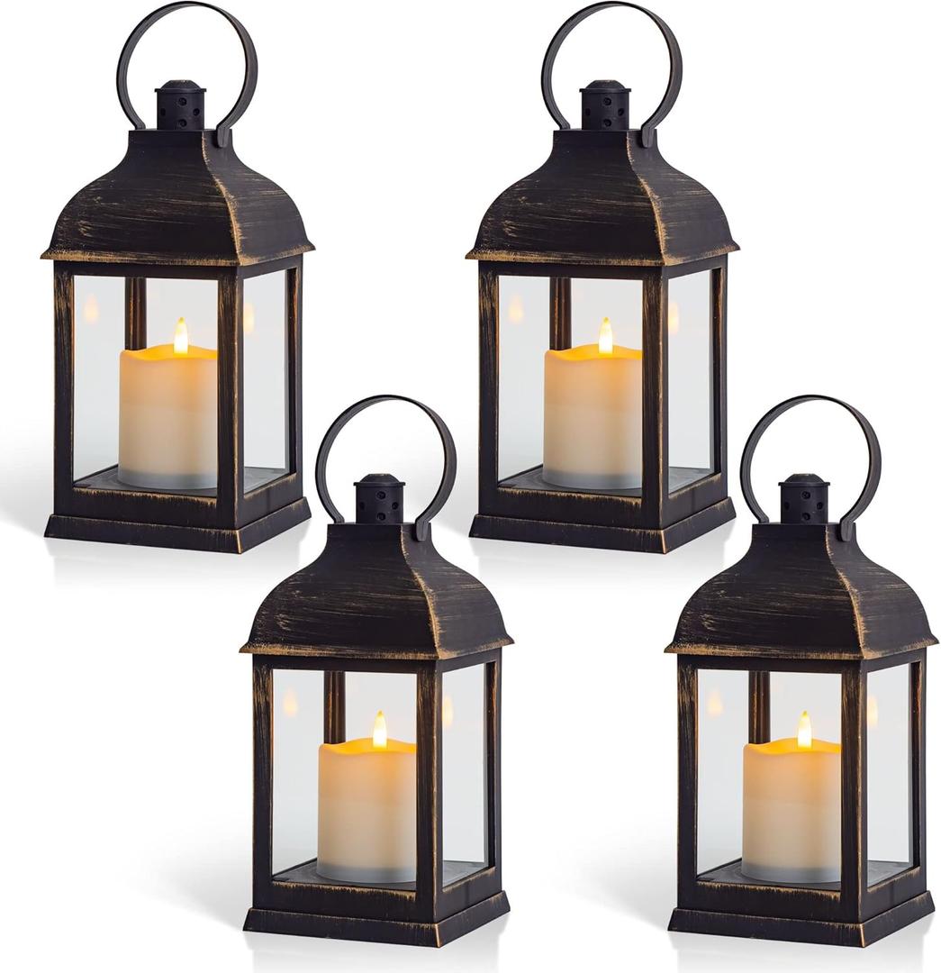 Vintage Lantern Decorative LED Flickering Flameless Candle with Timer, Battery Powered LED Decorative Hanging Golden Brushed Black Lanterns for Indoor Outdoor Garden Yard Home Decor (Pack of 4)