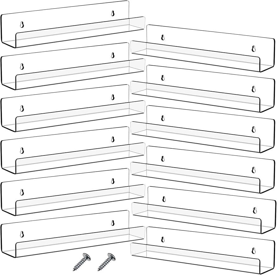 Blulu 12 Packs 14 Inch Acrylic Floating Shelf Wall Mounted Invisible Acrylic Shelf Ledge Floating Bookshelf for Living Room Office Bedroom Bathroom Kitchen Decoration Space Save (Clear)
