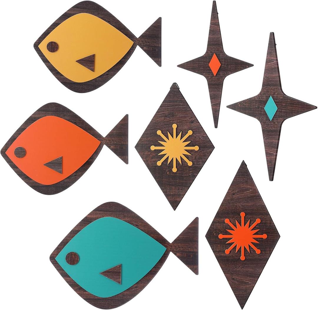 Youyole 7 Pcs Wood Fish Wall Decor Mid Century Modern Wall Art Retro Atomic Stars Fish Starbursts Vintage Minimalist MCM Hanging Sculpture 1950s Decor for Living Room Office Beach House Home Accents