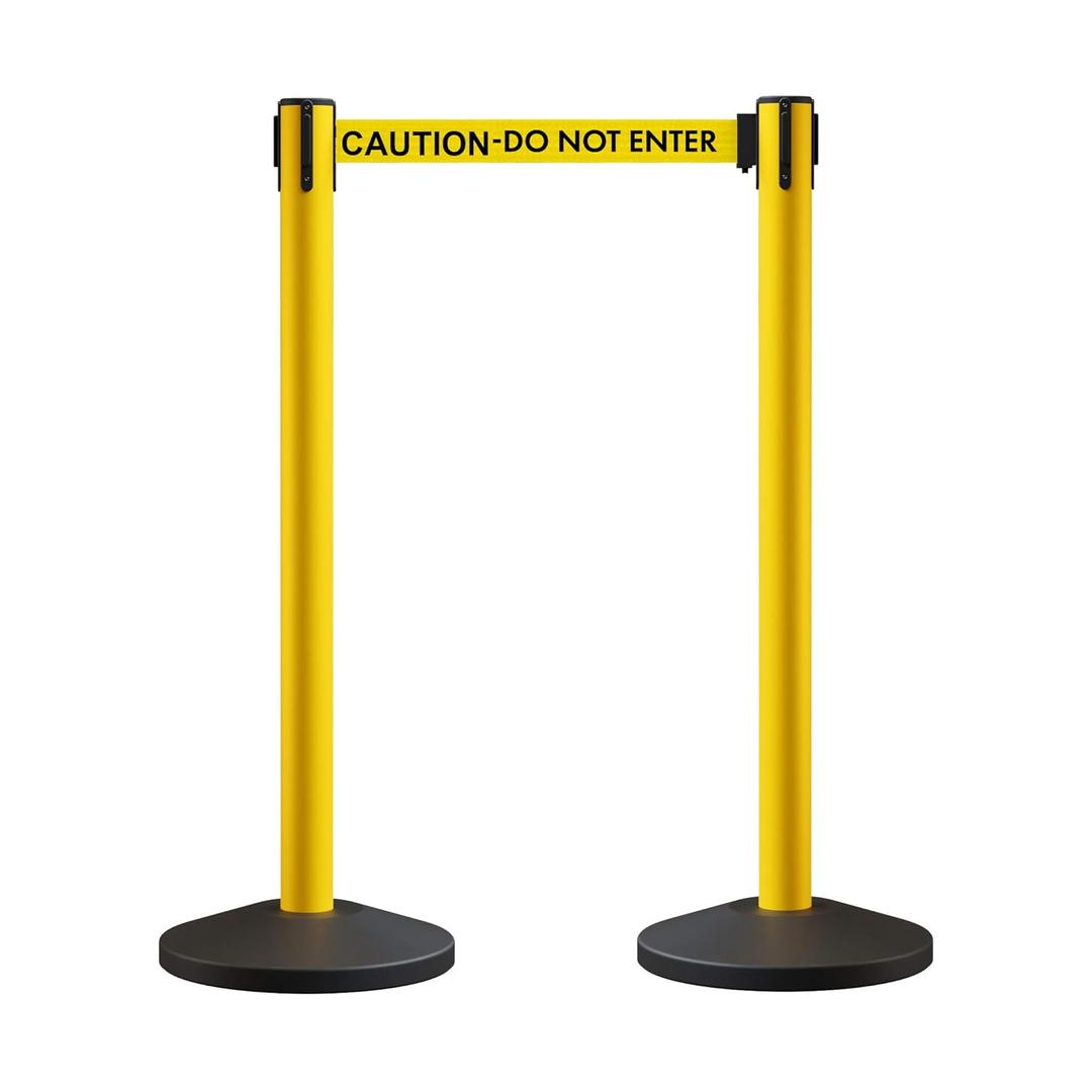 Crowd Control Warehouse CCW Series RBB-100 - Set of 2 Stanchion Retractable Belt Barriers - 11 Foot Caution Do Not Enter Belt, Yellow Post - Easy Assembly
